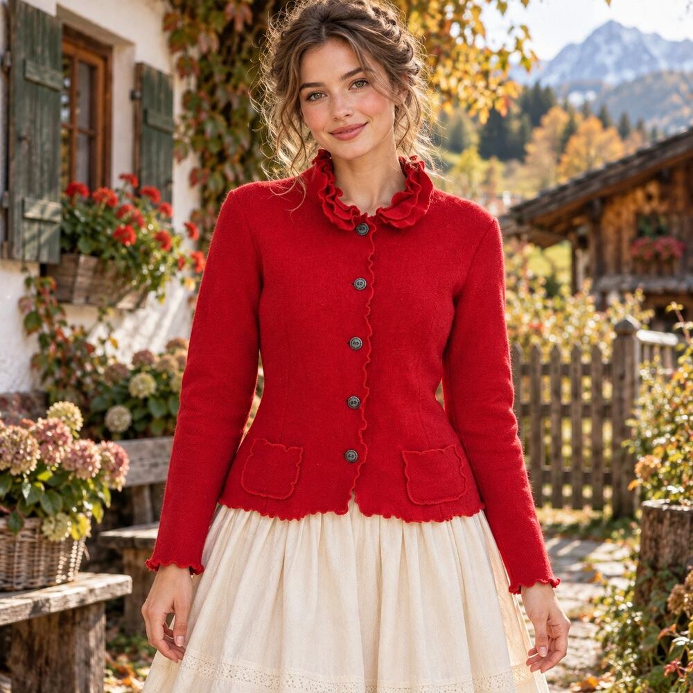 Hammerschmid Wool Ruffle Cardigan Jacket Sweater sz 40/US 10 Cottagecore Alpine
